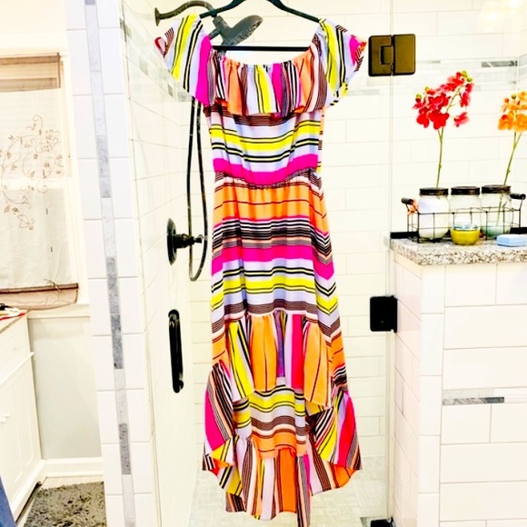 Bright Colorful On/Off Shoulder Party Dress with Ruffled Hem Sz. M - Picture 2 of 16